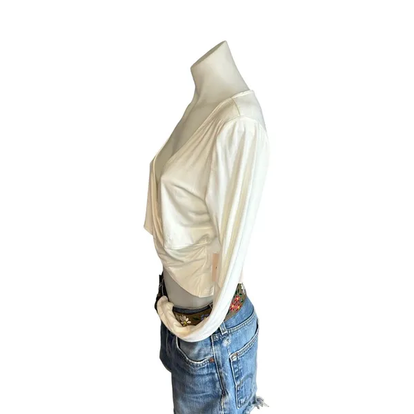 Superdown White Wrap Crop Top XL Cotton Long Sleeve Plunging Matilda Revolve NEW - Image 6