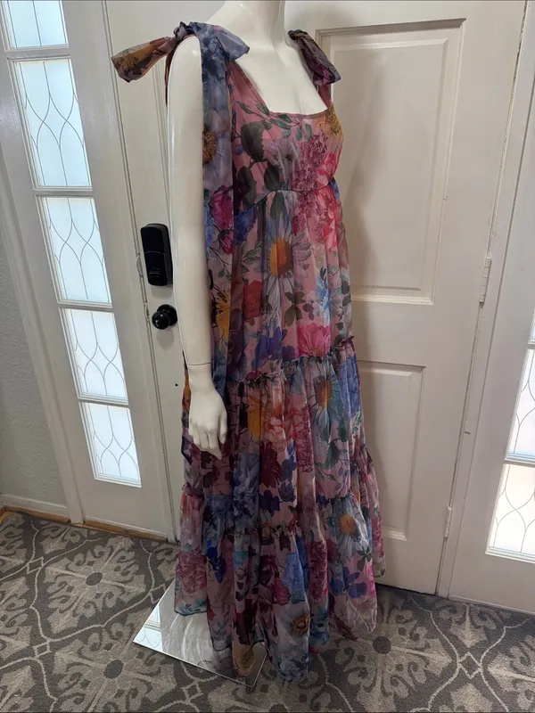 AUDREY PARKS+francesca's Floral Tiered Maxi Dress Tie Straps - Pink Multi S M - Image 8