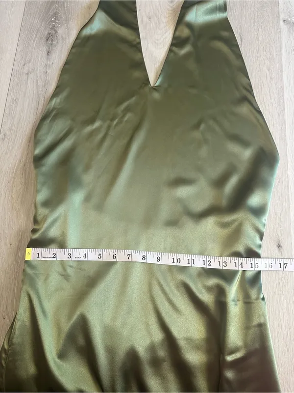 Inewer Backless Halter Puddling Floor Length Satin Gown Olive Green Size 8 NWT - Image 6