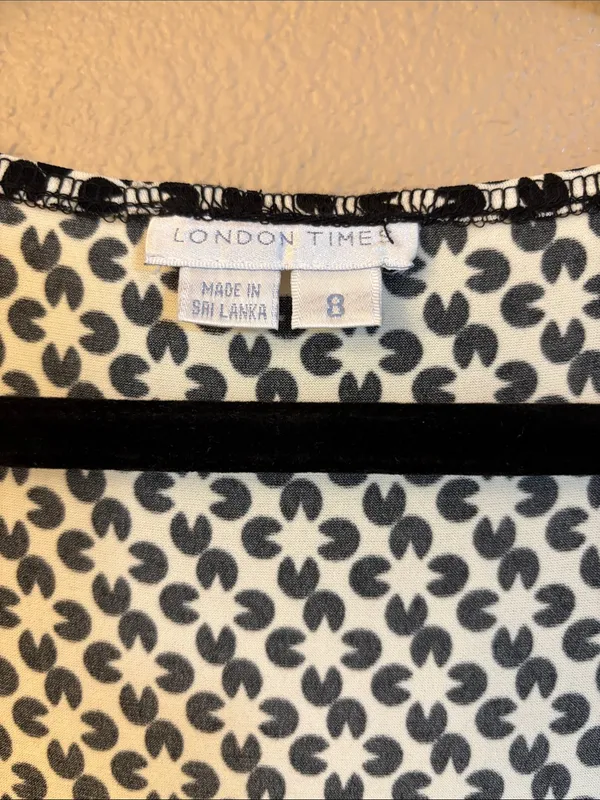 London Times Size 8 Black White Printed Midi Wrap V-Neck Fit & Flare Dress Belt - Image 2