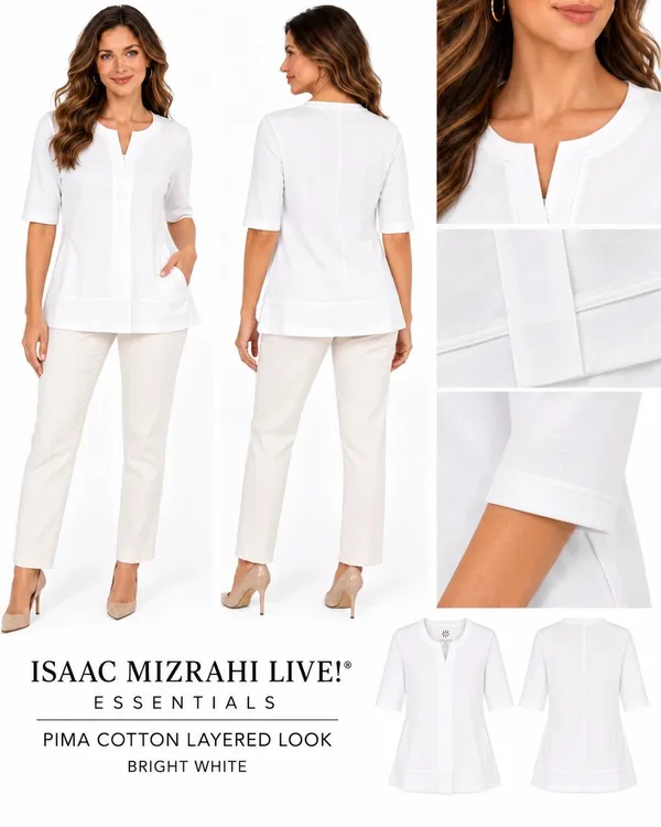 isaac mizrahi live essentials pima cotton layered look top bright white size m - Image 2
