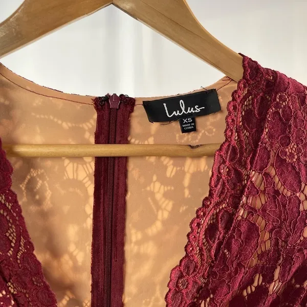 Lulus Swooner or Later Plunge Long Sleeve‎ Lace Mini Dress in Burgundy Size XS - Image 7