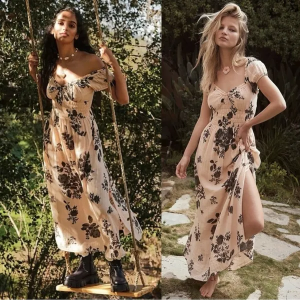 Free People Dainty Bohemian Gauze Forget Me Not Floral Midi Dress Blush Large - Image 3