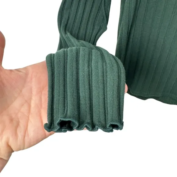 J. Crew Dark Green Ribbed Ruffle Neck Mock Neck Long Sleeve‎ Top Feminine Winter - Image 4