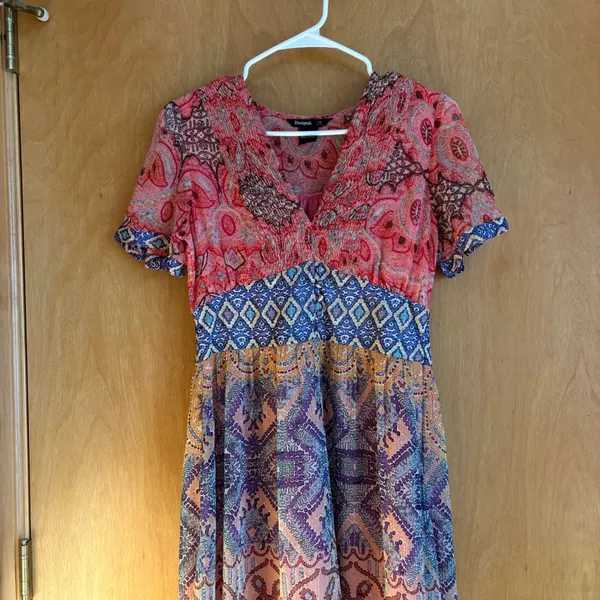 Desigual Maxi Dress Bohemian Paisley Print V Neck Short Sleeve High Low‎ Size 36 - Image 5