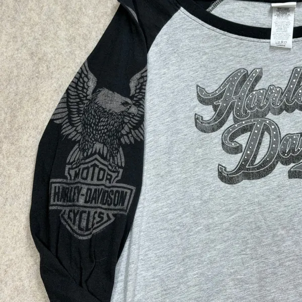 Harley Davidson Raglan Shirt Womens L Gray Bling Glam Biker Americana Moto USA - Image 7