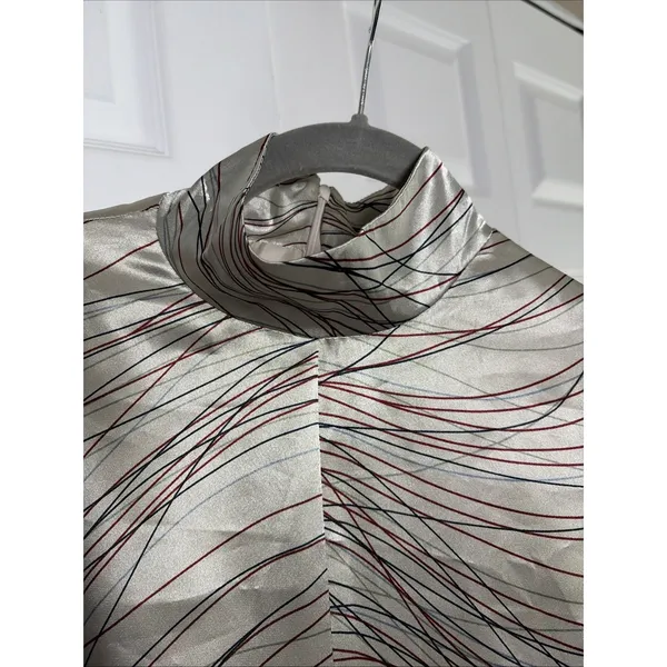 Harve Benard Vintage Mock‎ Neck Shift Dress Womens 4 Silver Abstract Satin - Image 4