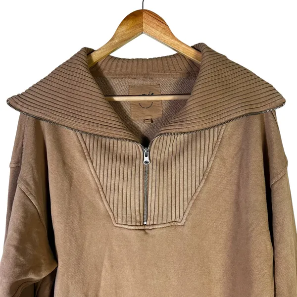 Aerie Oversized Collared Quarter Zip Sweatshirt Size S Brown Ribbed Collar Cozy - Image 3