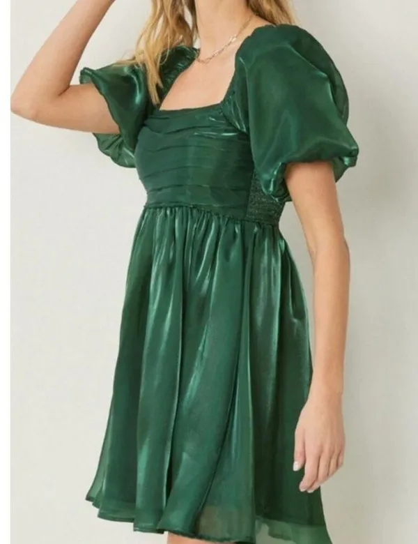 Entro Green Organza Party Bubble Sleeve Mini Dress, L - Image 2