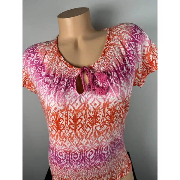 Lauren Ralph Lauren Medium Top Womens 100% Cotton Pink Orange Boho Short Sleeve‎ - Image 3