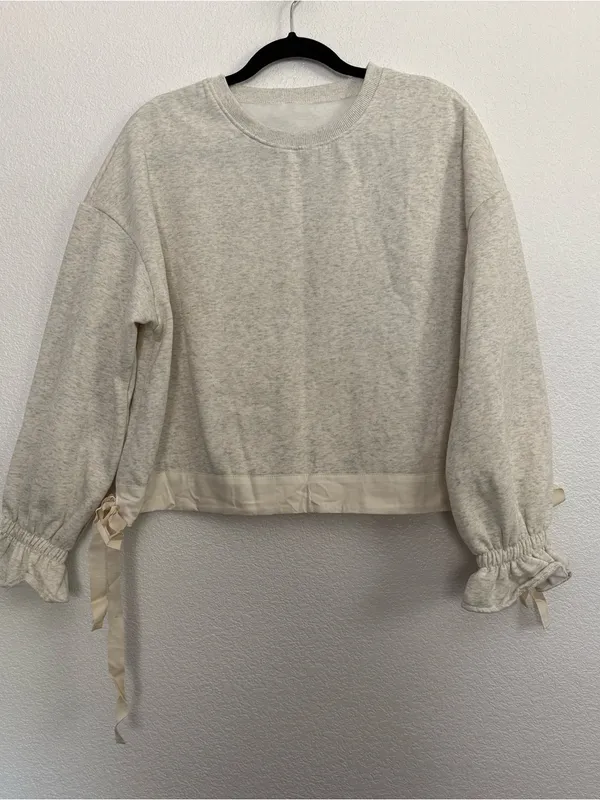 NEW Side Tie Crewneck Sweatshirt Balloon Sleeves Gray Medium - Image 2