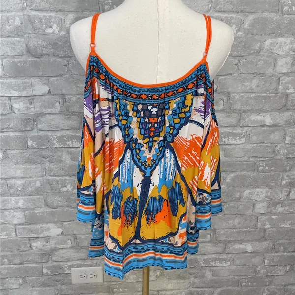 Flying Tomato colorful boho print semi sheer jewel tone cold shoulder top - Image 4