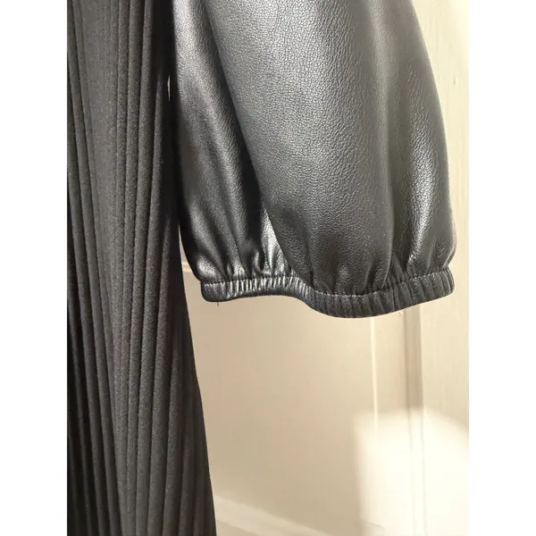 Marc New York Andrew Marc Black Ribbed Mock Neck Faux‎ Leather Puff Sleeve Top L - Image 3
