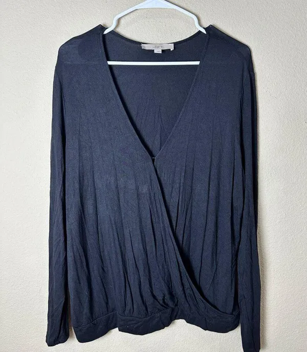 LOFT BLack Wrap Front Super SOft Long Sleeve T Shirt Top w Waist Band Size Large - Image 2