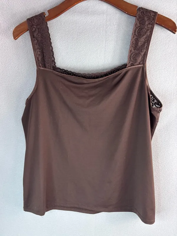 Cato L Nylon Wide Strap Cami Brown Lace-Trim Camisole Top - Image 3