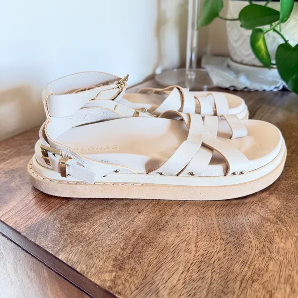 ALOHAS Cream‎ Leather Gladiator Sandals Womens EU36 Toe Loop Chunky Platform - Image 4