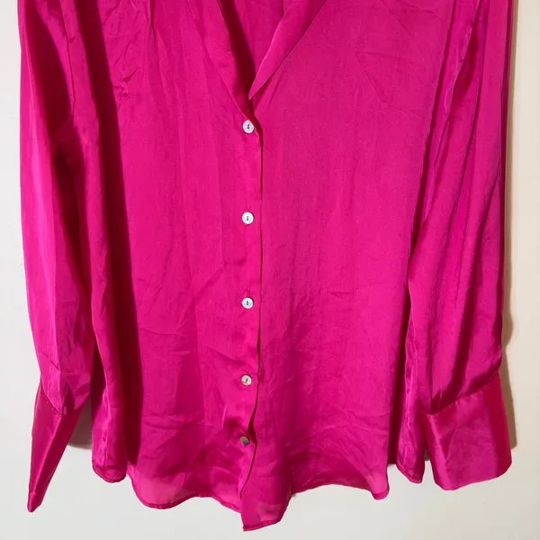 Zara Button Down Shirt Size Small Fuchsia Pink Satin Long Sleeve Blouse - Image 4