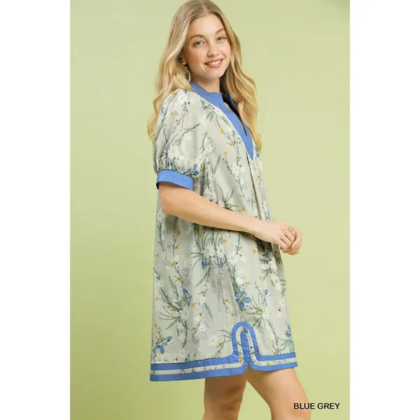 Umgee Floral Puff Sleeve Dress with Contrast Trim‎ - Blue Grey - Small - Image 3
