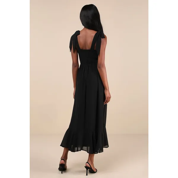 Lulus Summer Invite Black Tie-Strap Tiered Midi Dress Bridesmaid Holiday Small - Image 3
