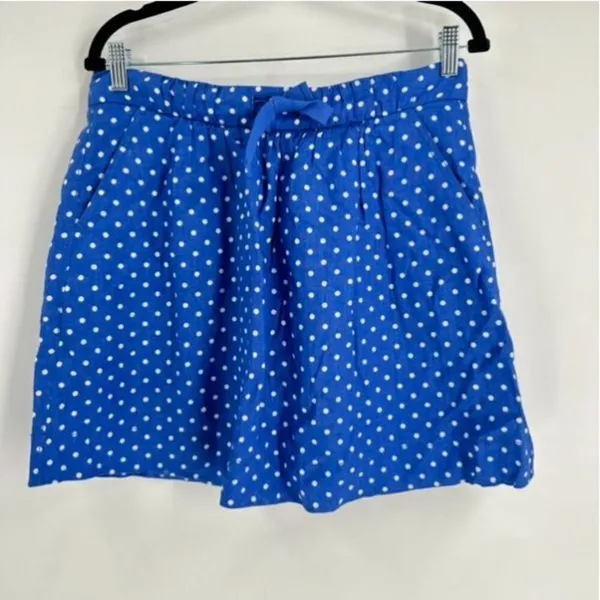 J CREW Mini Skirt Blue White Linen Polka Dot‎ Drawstring Size 8 Pull on Feminine - Image 2