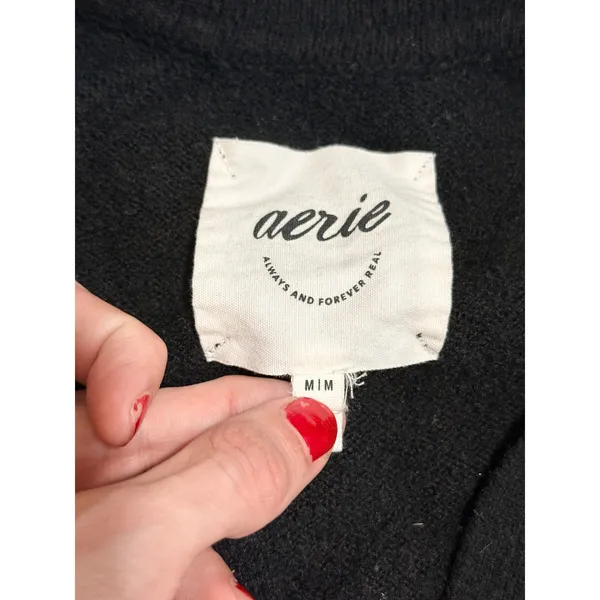 Aerie‎ Striped Polo Sweater Womens M Oversized Black White Knit V-Neck Pullover - Image 4