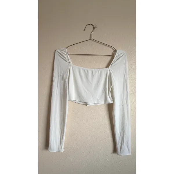 ZARA White Long Sleeve Square Neck Ruched Crop Top Women‎ Size M - Image 2