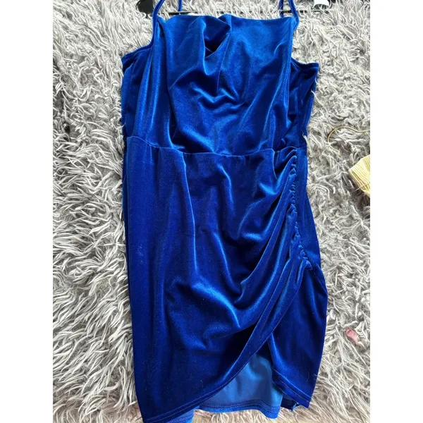 Royal Blue Velvet Cowl Neck Mini Dress Ruched Asymmetrical‎ Tulip Hem Cocktail - Image 4
