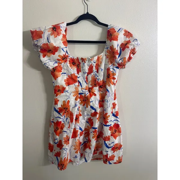 Lost + Wander Poppy Blooms Mini Dress Puff Sleeve White Orange Blue Women Large - Image 4