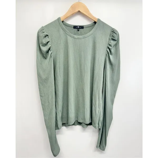 7 For All Mankind Sage Green Ribbed Puff Shoulder Long Sleeve Top Large NEW - Image 2