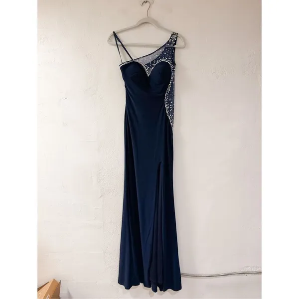 La Femme One Shoulder Sheer Rhinestone Formal Maxi Dress in Navy Blue Size 0 - Image 2