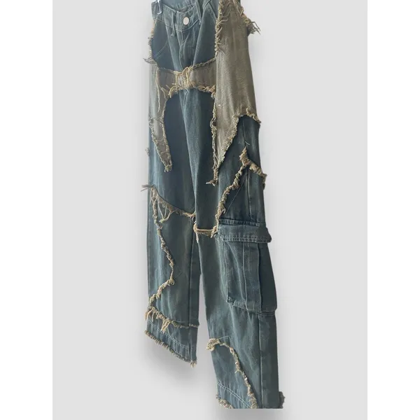 Romwe Punk Star Pattern Raw Trim Flap Pocket Cargo Boyfriend Jeans Denim Small - Image 5