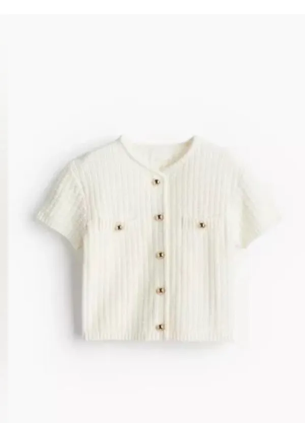 H&M Cream Textured Short-Sleeve Knit Cardigan with Gold Buttons – Size M 🤍 - Image 4