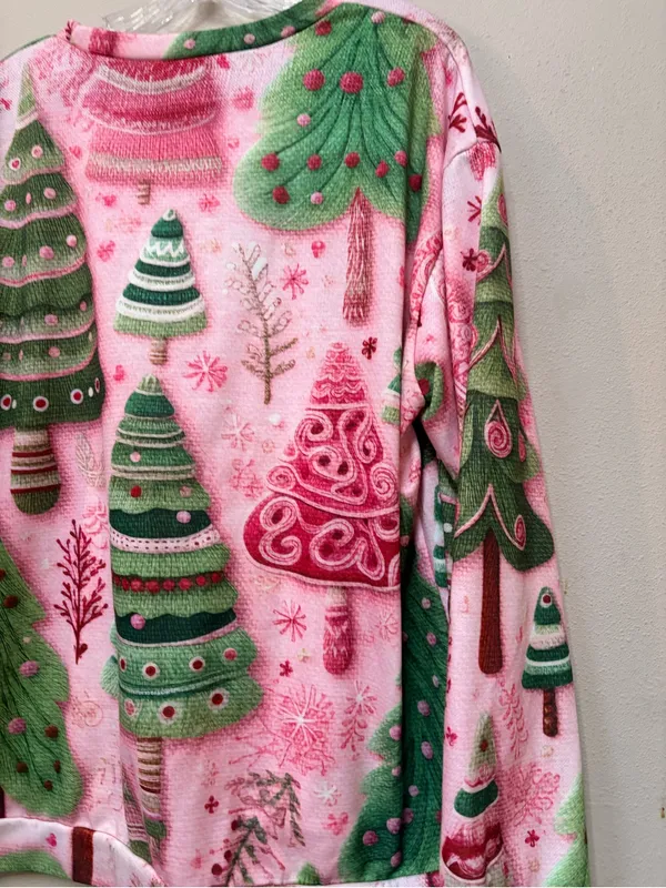 Pink Christmas Tree Sweatshirt XL Whimsical Girly Holiday Maximalist - Image 7