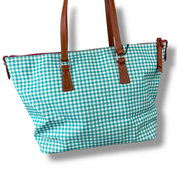 NEW Dooney & Bourke Sena Sea Foam Gingham Leather Zip Top Shopper Shoulder Bag - Image 10