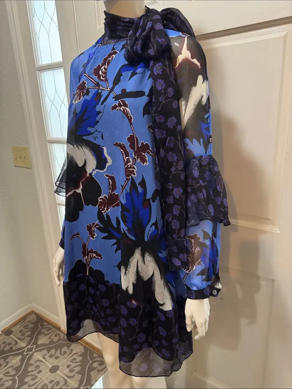 Diane von Furstenberg Designer 100% Silk Floral Blue Long Sleeve Blouse Size S - Image 6