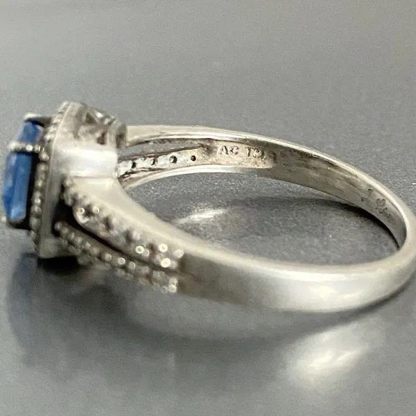 925 Sterling Silver Simulated London Blue Topaz Engagement Ring Signed AC TM - Image 9