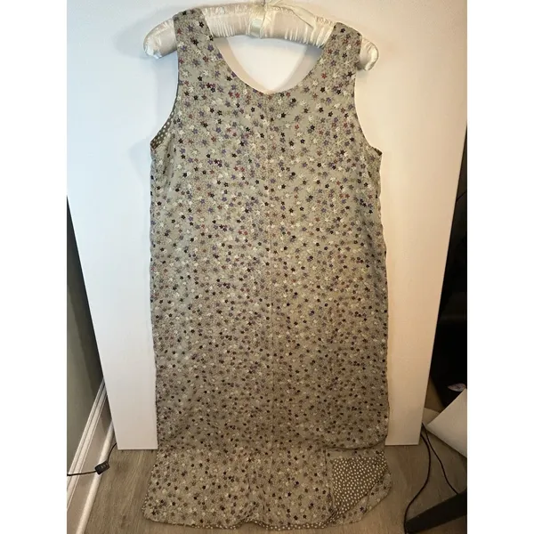 Reversible Maxi Dress L XL Floral Polka Dots Sleeveless Side Slits Tan Gray Mult - Image 9