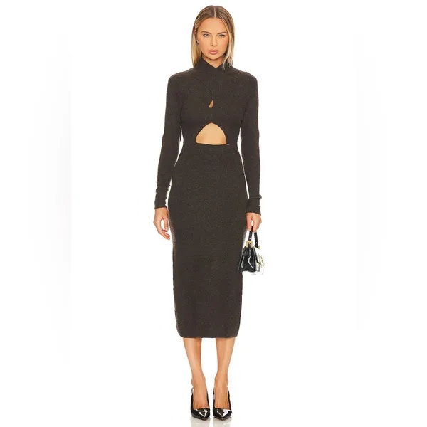 ASTR Spencer Dark Mushroom Cutout Mock Neck Knit Midi Sweater Dress Small NWT - Image 3