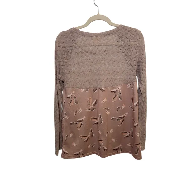 One September Sequin Feather Print Knit Long Sleeve Top Beige Brown‎ Women's S - Image 4