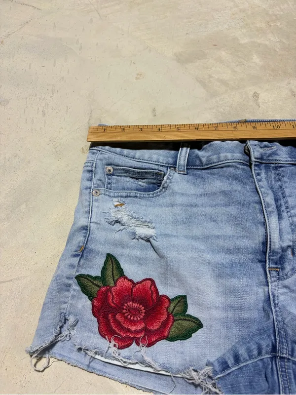 American Eagle Outfitters Blue Denim hi-rise shortie Red Rose Embroidery 14 - Image 5