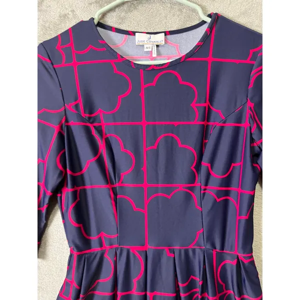 Jude Connally Navy Pink Geometric Print Fit & Flare Dress Preppy Mod Classic‎ XS - Image 2