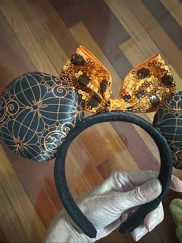 Disney Parks Halloween Black Orange Sequin Bow Mouse Ears Spiderweb MNSSH - Image 2