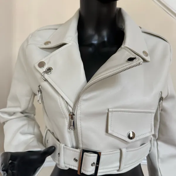 Leather Moto Jacket Crop Faux Motorcycle Jacket Belted Crop Coat Trench Cardigan - Image 2