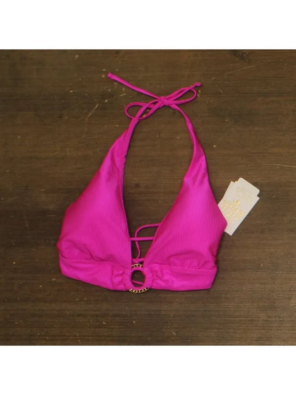 NWT Becca Ribbed Chain Ring Halter Bikini Swim Top 223157 Azalea Pink D - Image 6