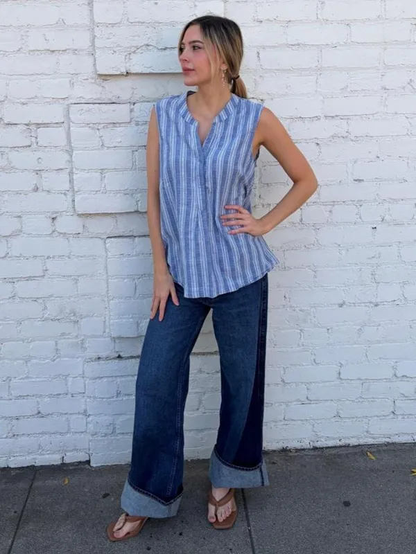 Sharagano blue striped sleeveless blouse sz 14 #western #boho #beach #mom - Image 2