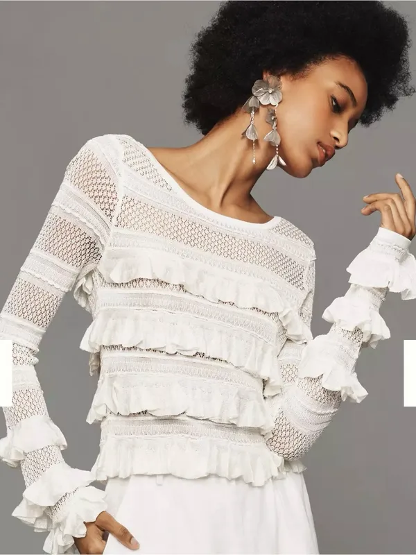 By Anthropologie Ruffle Long-Sleeve Jumper White Blouse Size Medium - Image 2