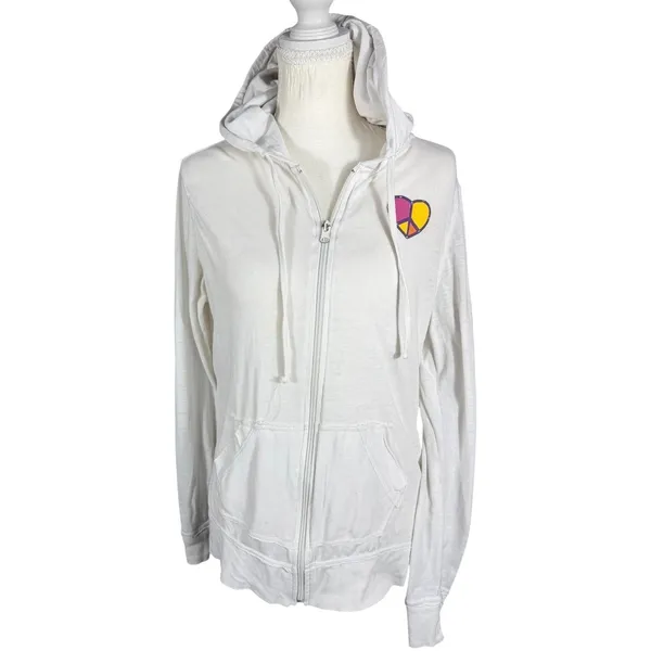 Zip Up Hoodie Womens L White Give From The Heart Rhinestone Peace Graphic - Image 3