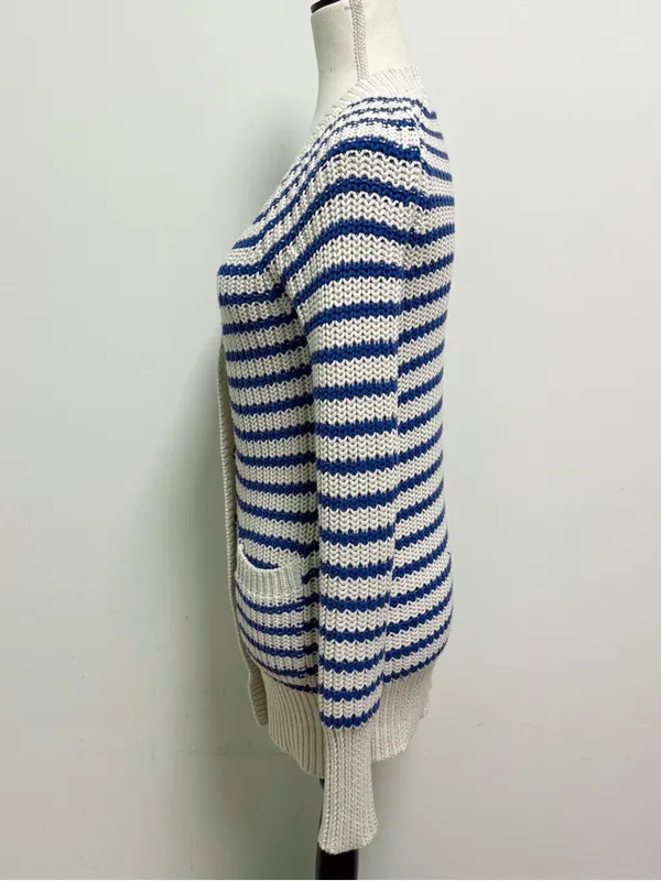 J Crew Cream Blue Purple Stripe Deep V Neck Snap Button Longer Sweater Cardigan - Image 4