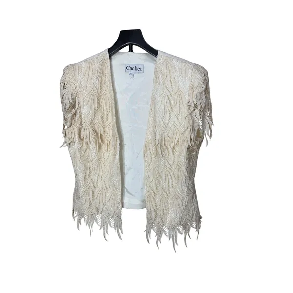Cachet Womens Cream 2 Piece Dress and Textured Leaf Fringe Jacket Set Size‎ 16 - Image 7
