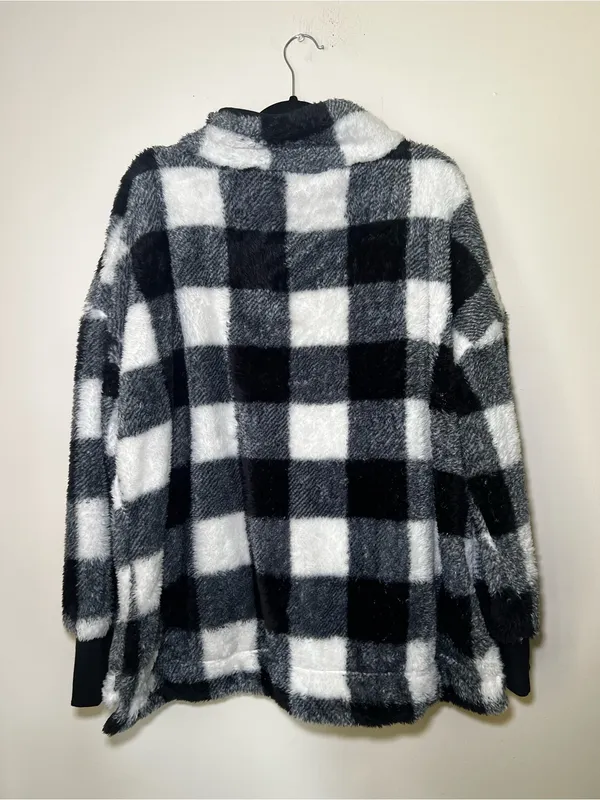 LuLaRoe Nancy Black and White Buffalo Check Fuzzy Half Zip Sweater - Image 3